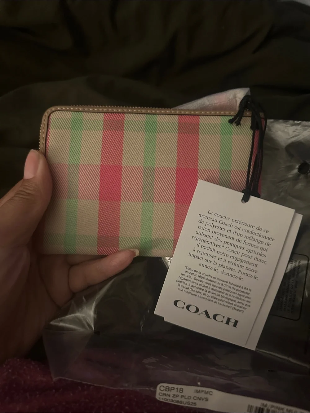 Coach Pink & Mint Plaid Zip Wristlet